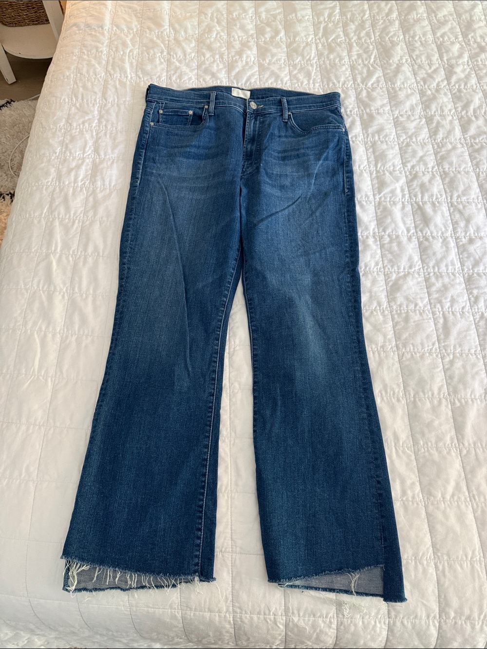 MOTHER Dark Blue Flare Jeans with Raw Hem